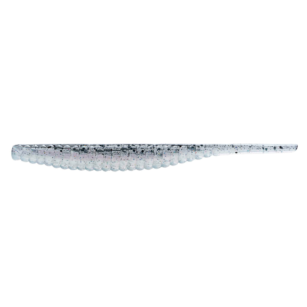 Soft plastic trout lure, light blue translucent body with silvery speckles
