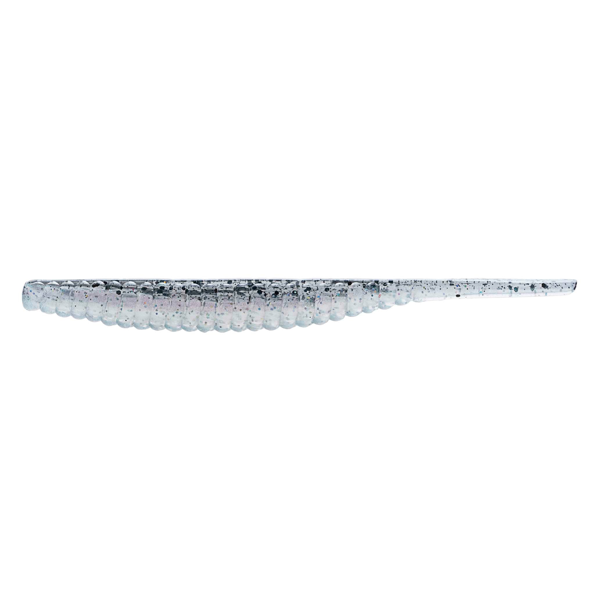 Soft plastic trout lure, light blue translucent body with silvery speckles