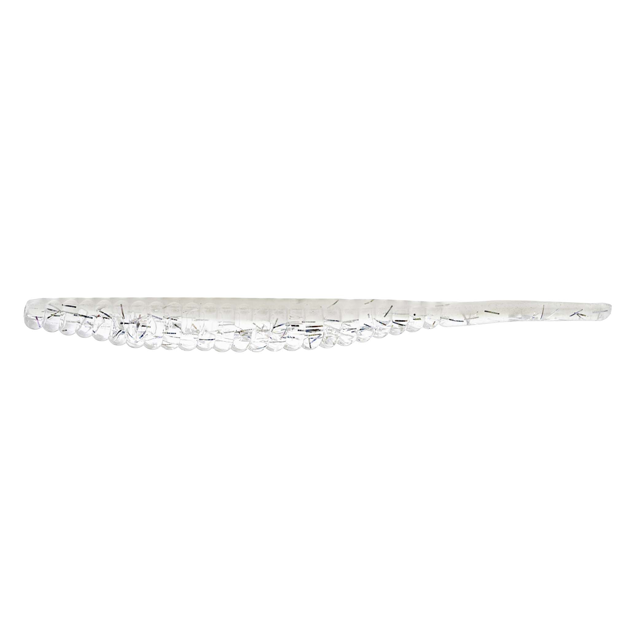 Soft plastic trout lure, clear white body with silver flecks and speckles