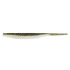 Soft plastic trout lure, pale white body with olive-brown speckle and greenish back
