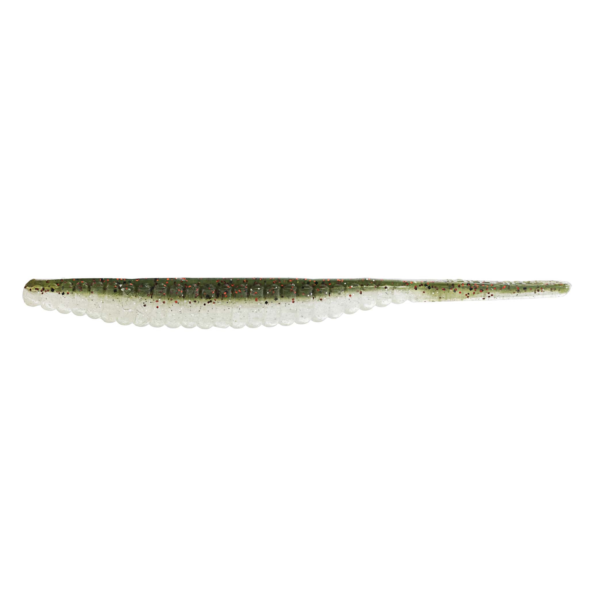Soft plastic trout lure, pale white body with olive-brown speckle and greenish back