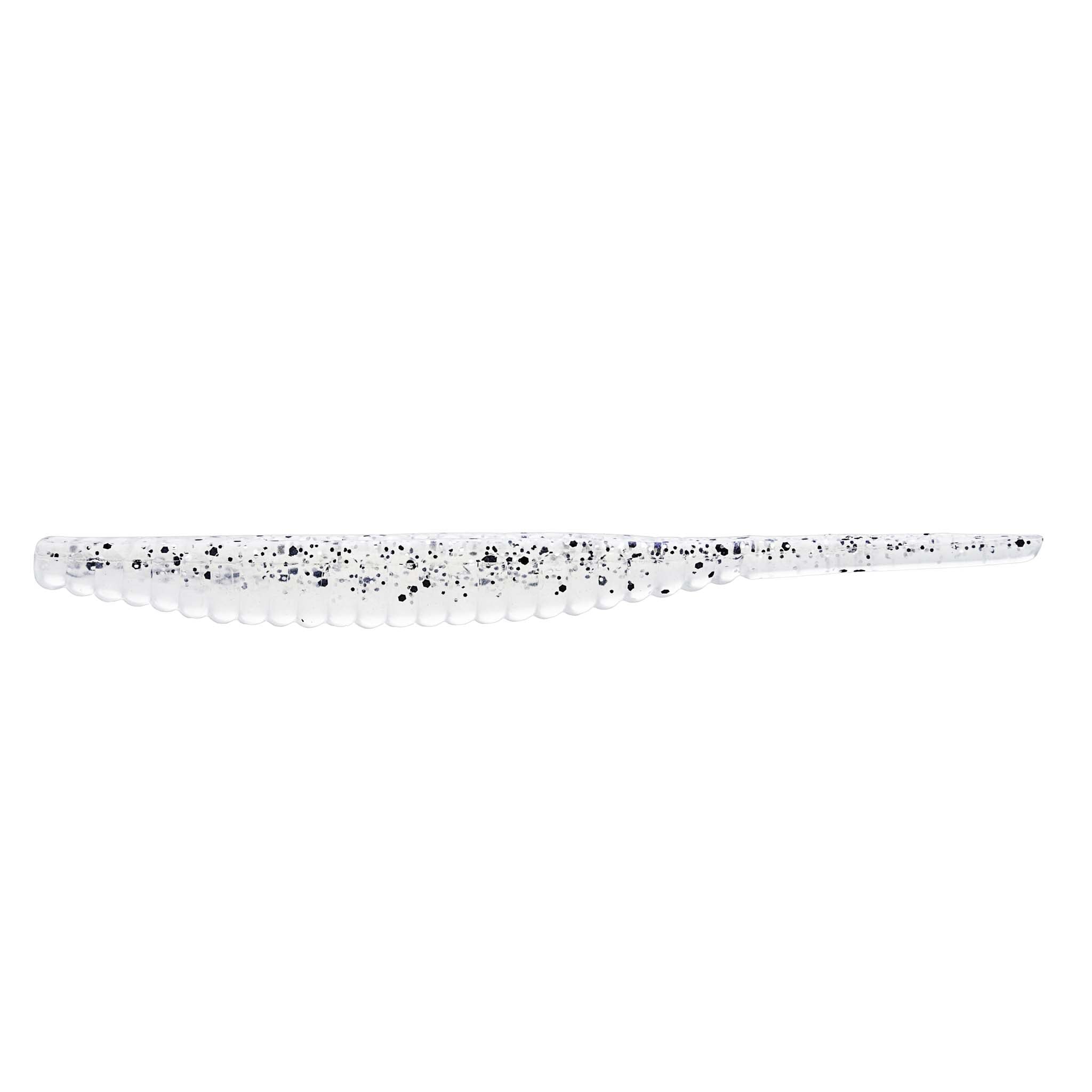 Soft plastic trout lure, white translucent body with black speckled back