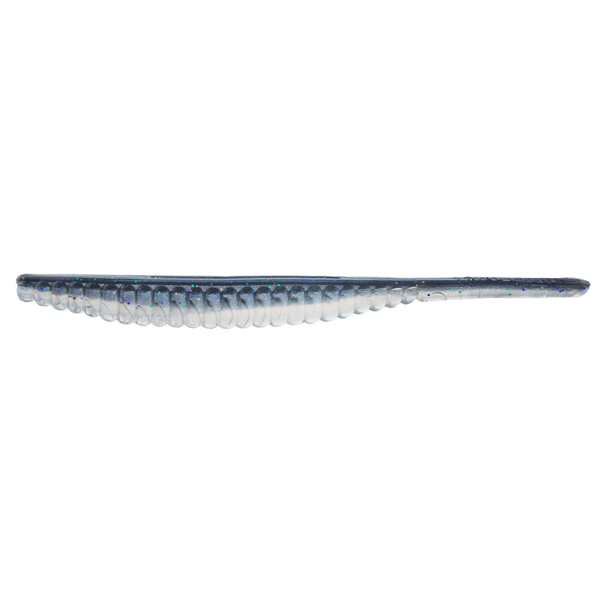 Soft plastic trout lure, dark blue speckled back with light blue tail section