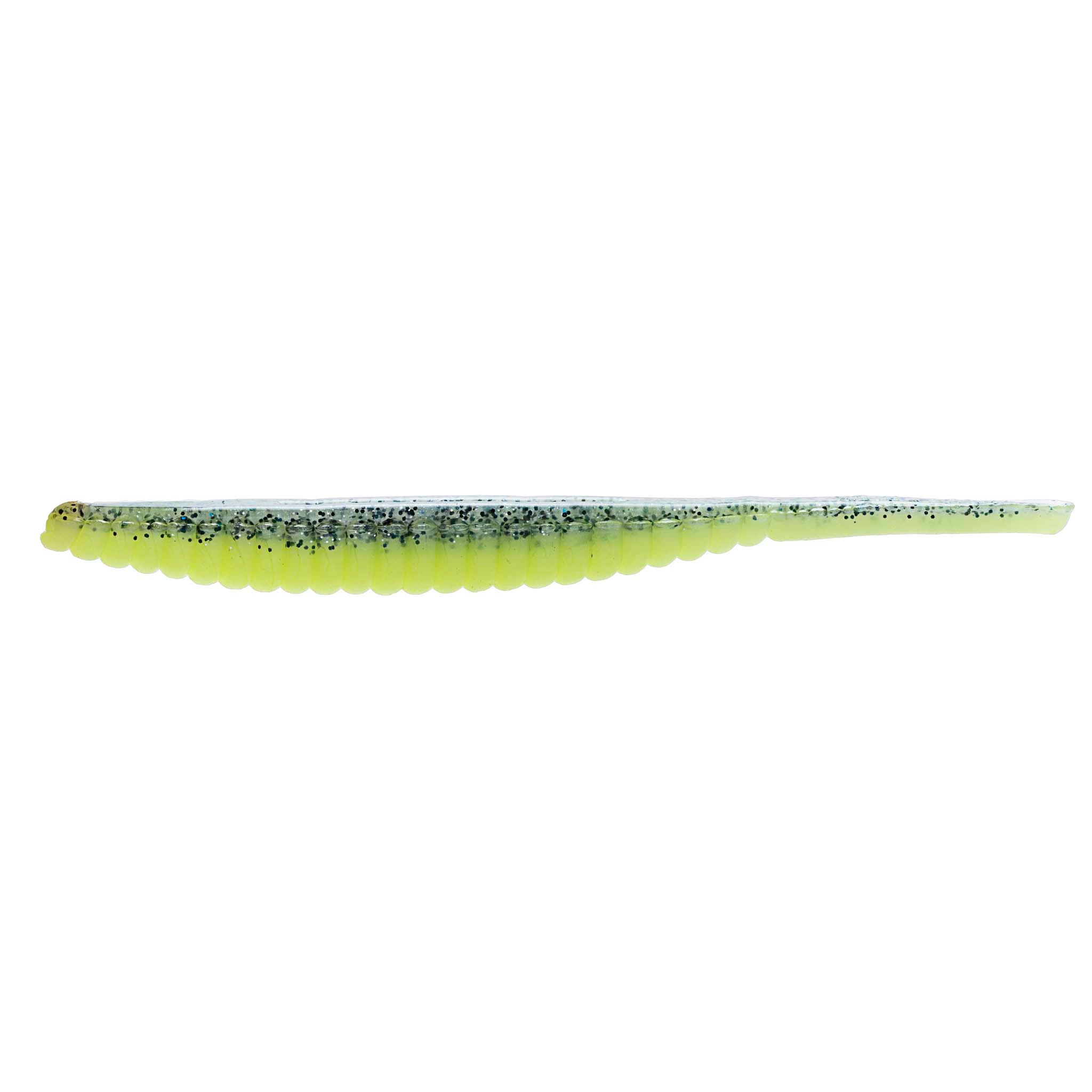 Soft plastic trout lure, bright chartreuse body with dark speckled top