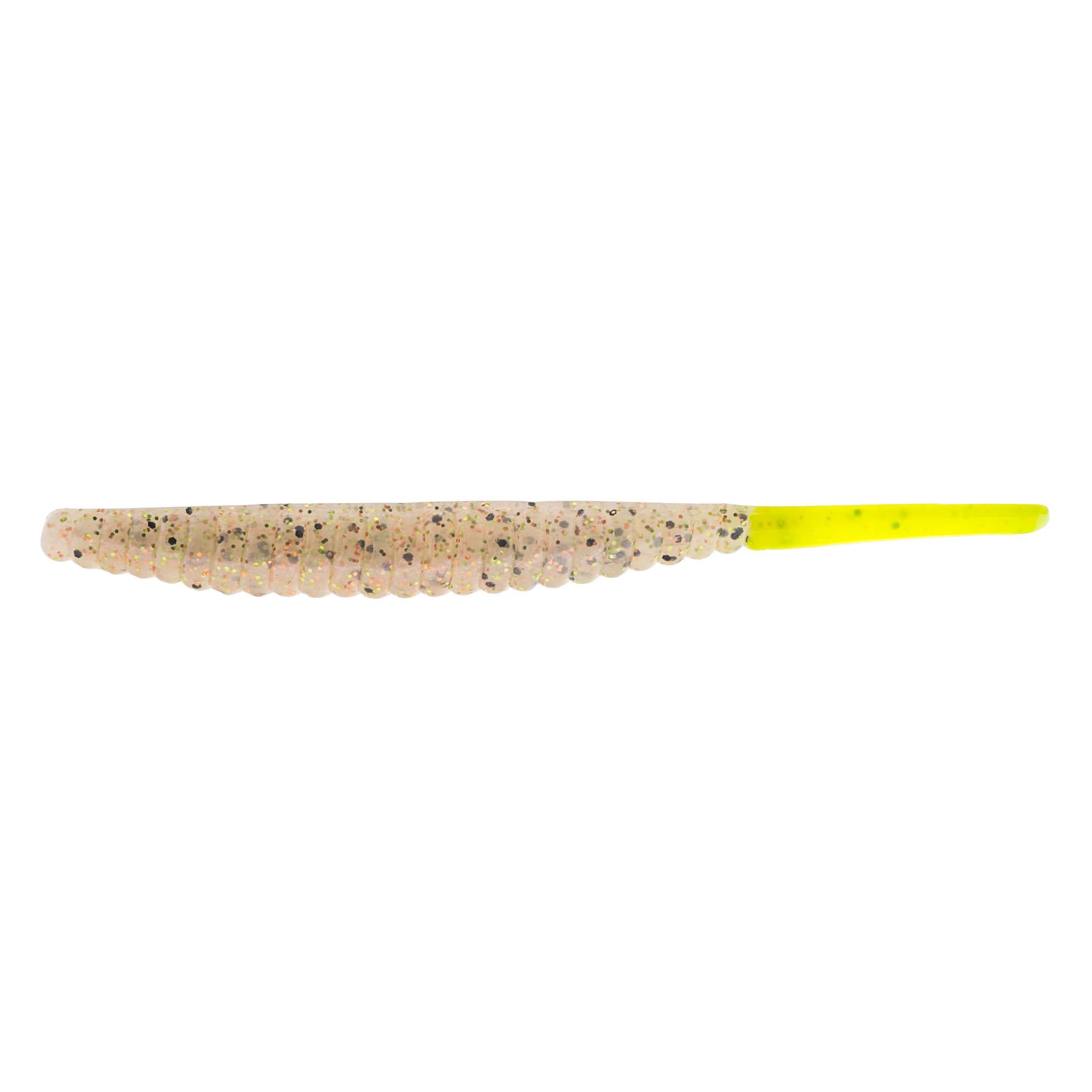 Soft plastic trout lure, sand-colored speckled body with chartreuse tail