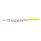 Soft plastic trout lure, white body with red speckles and chartreuse tail