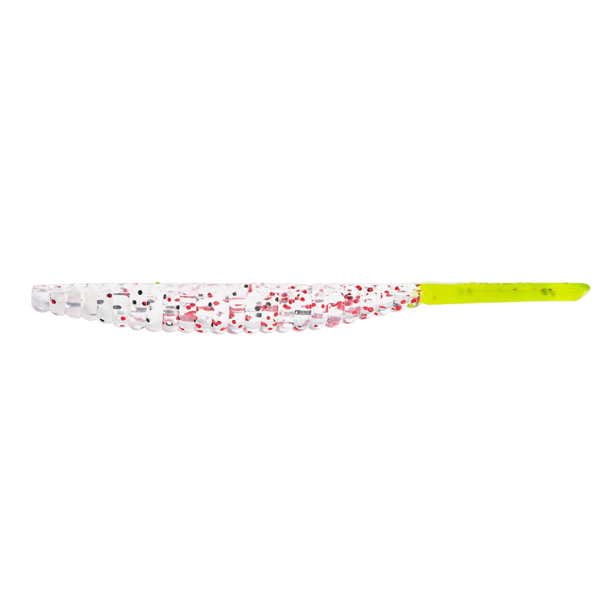 Soft plastic trout lure, white body with red speckles and chartreuse tail