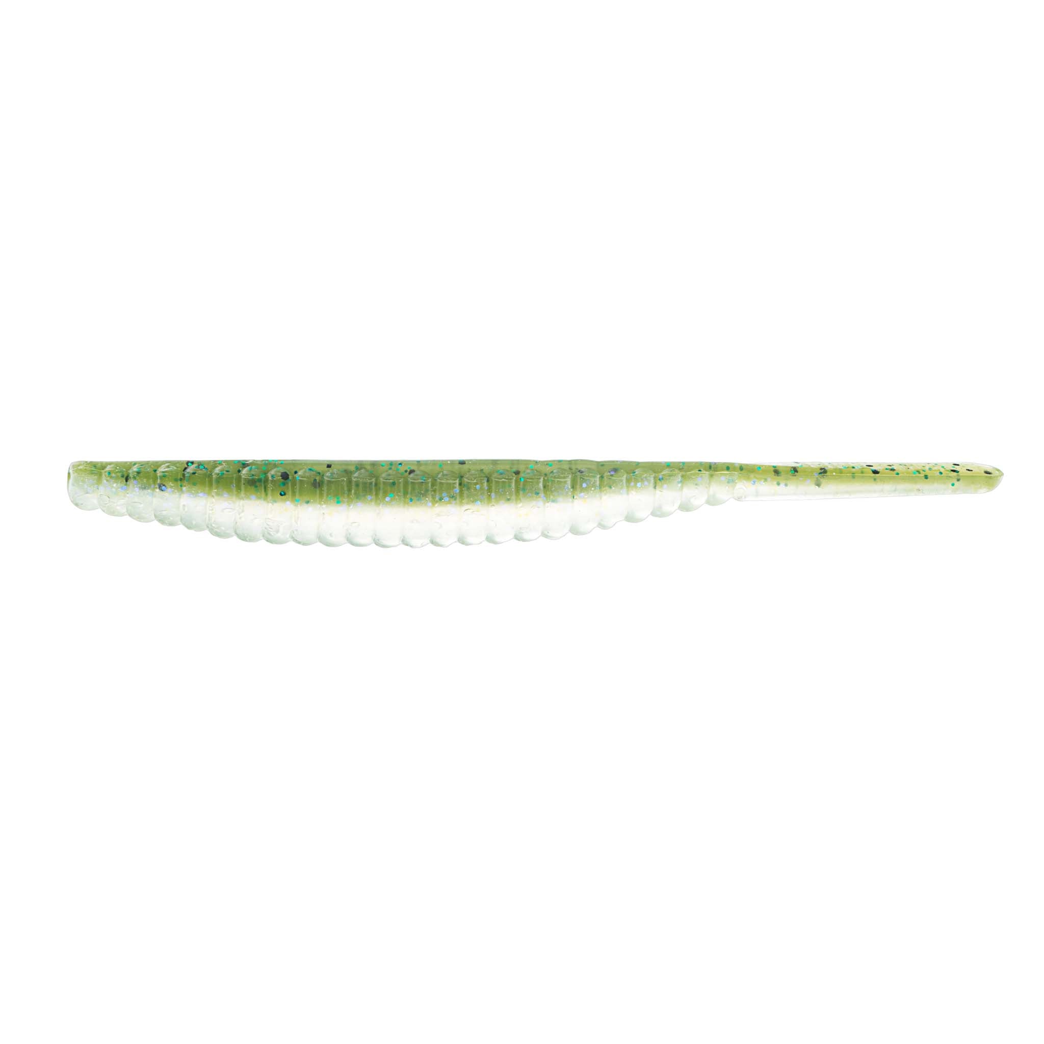 Green and white glitter swimbait fishing lure with bead-textured segmented body