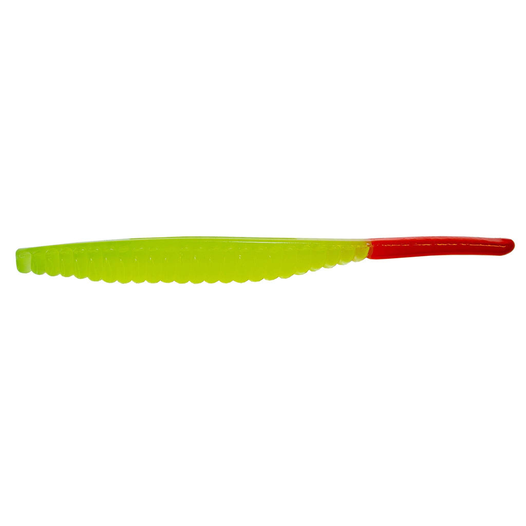 Lime green fishing lure with smooth body and contrasting red tail