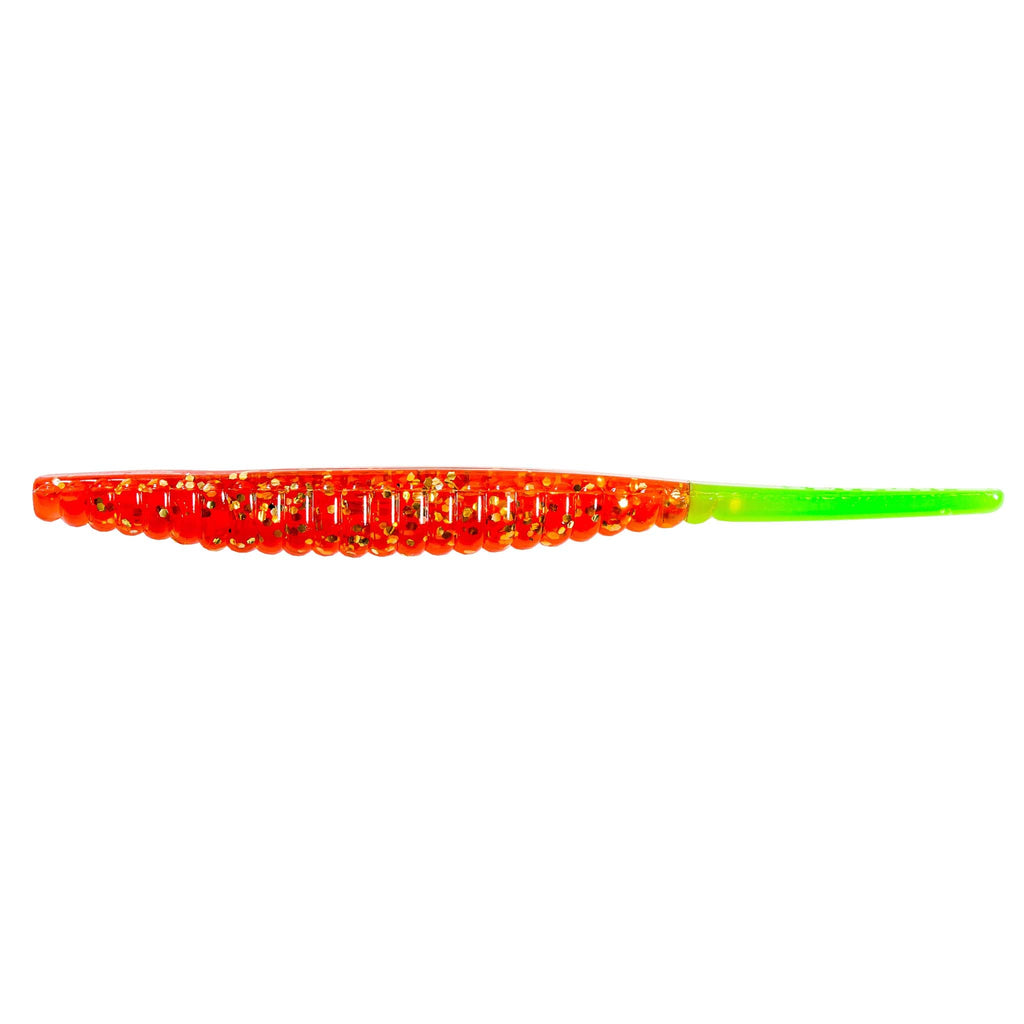 Red and green glitter fishing lure with speckled segmented body and pointed tail
