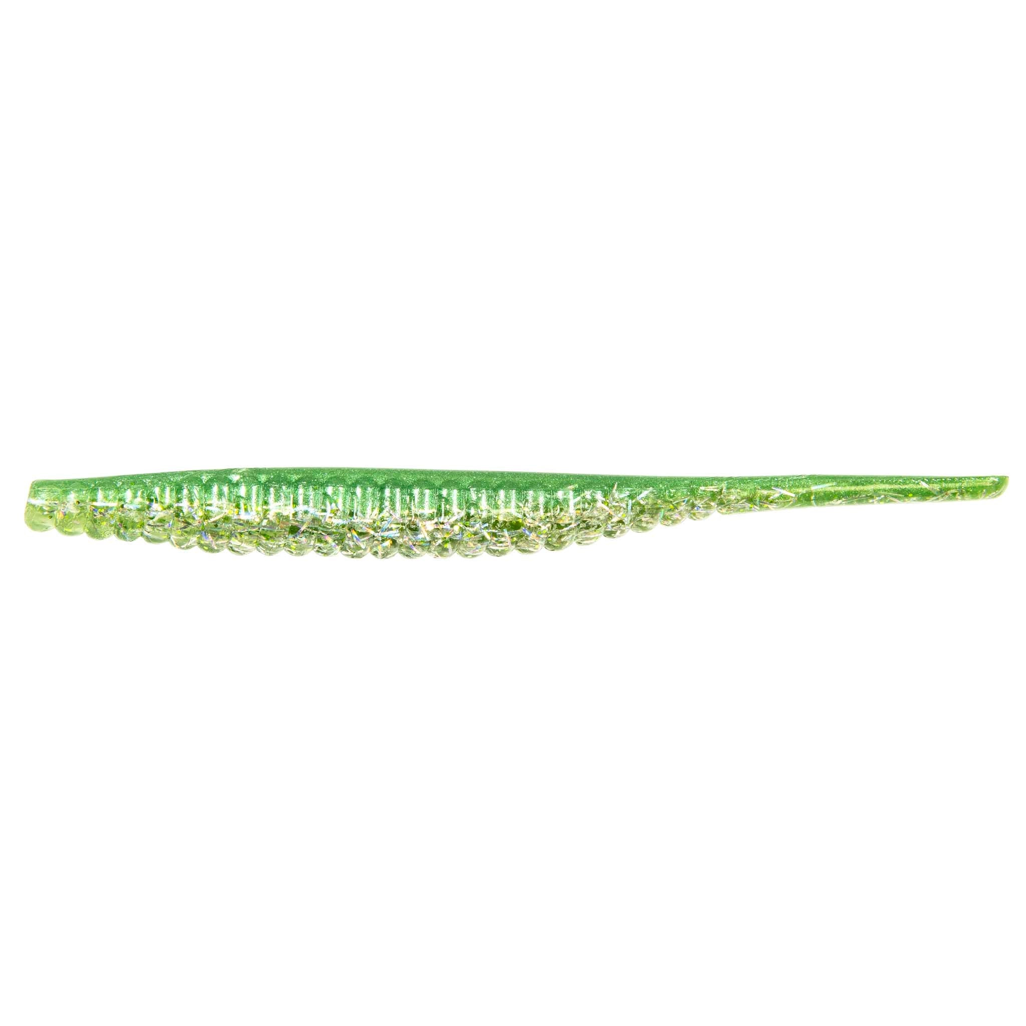 Green and clear glitter fishing lure with ribbed segmented body and tapered tail