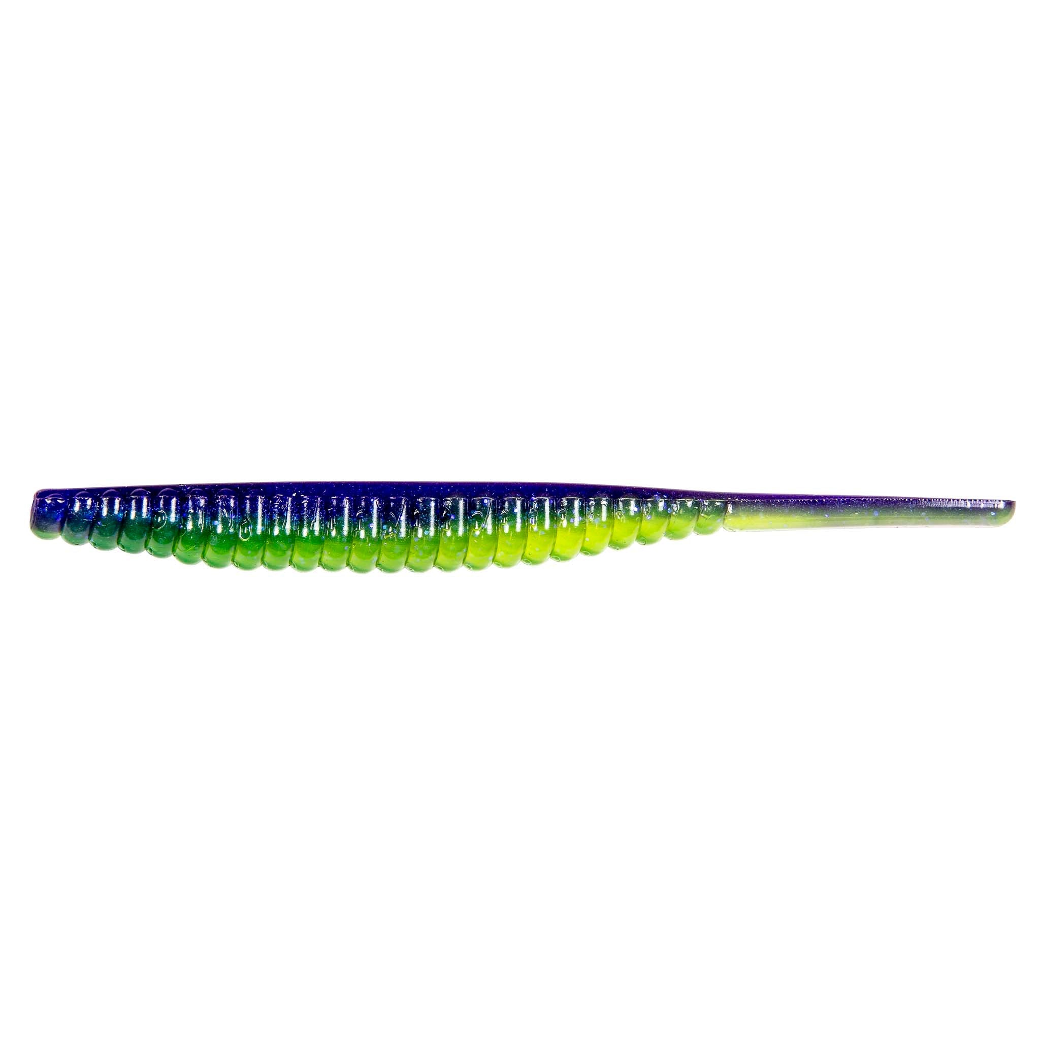 Blue-to-green glitter fishing lure with segmented body and bright lime tip