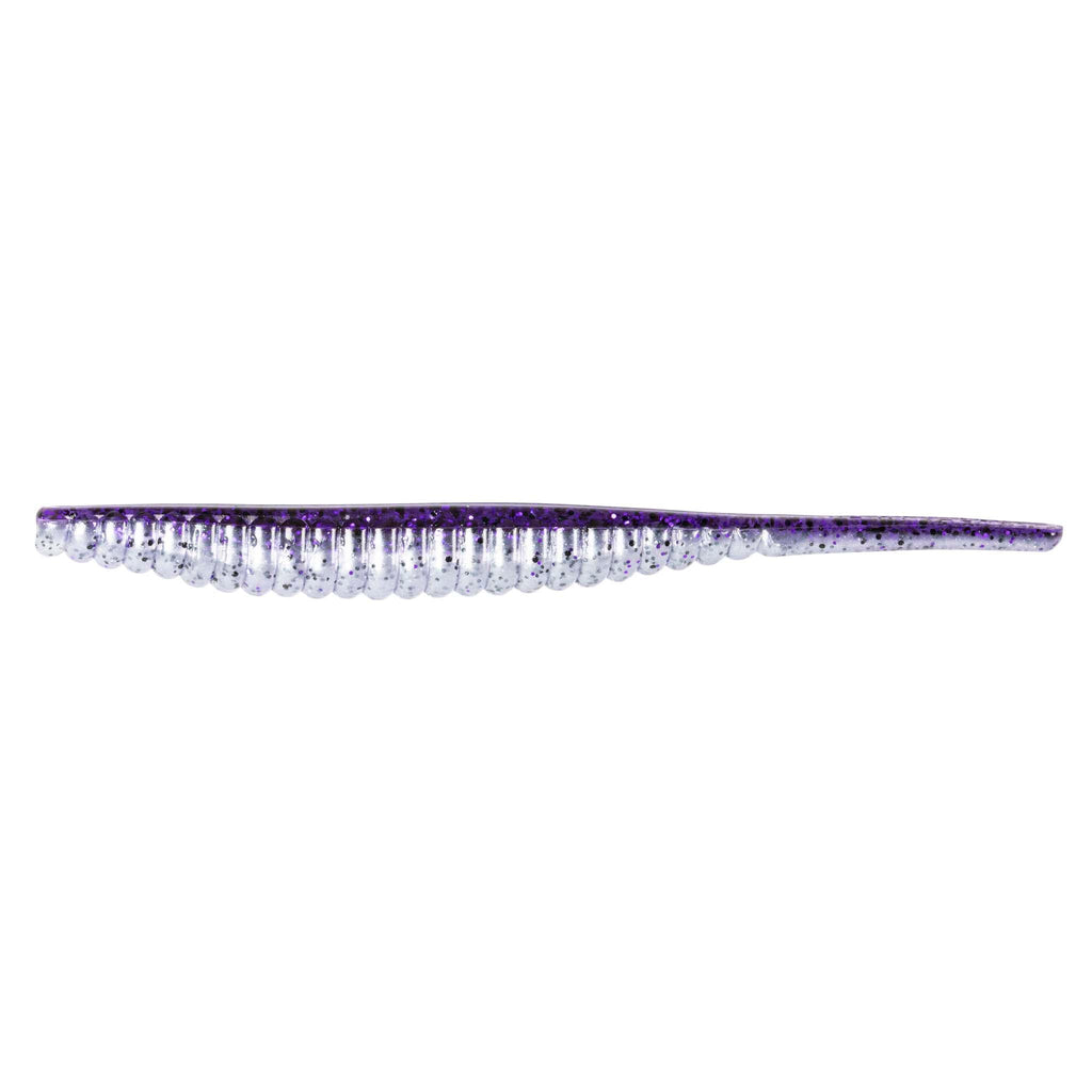 Purple and clear glitter fishing lure with segmented body and light tail