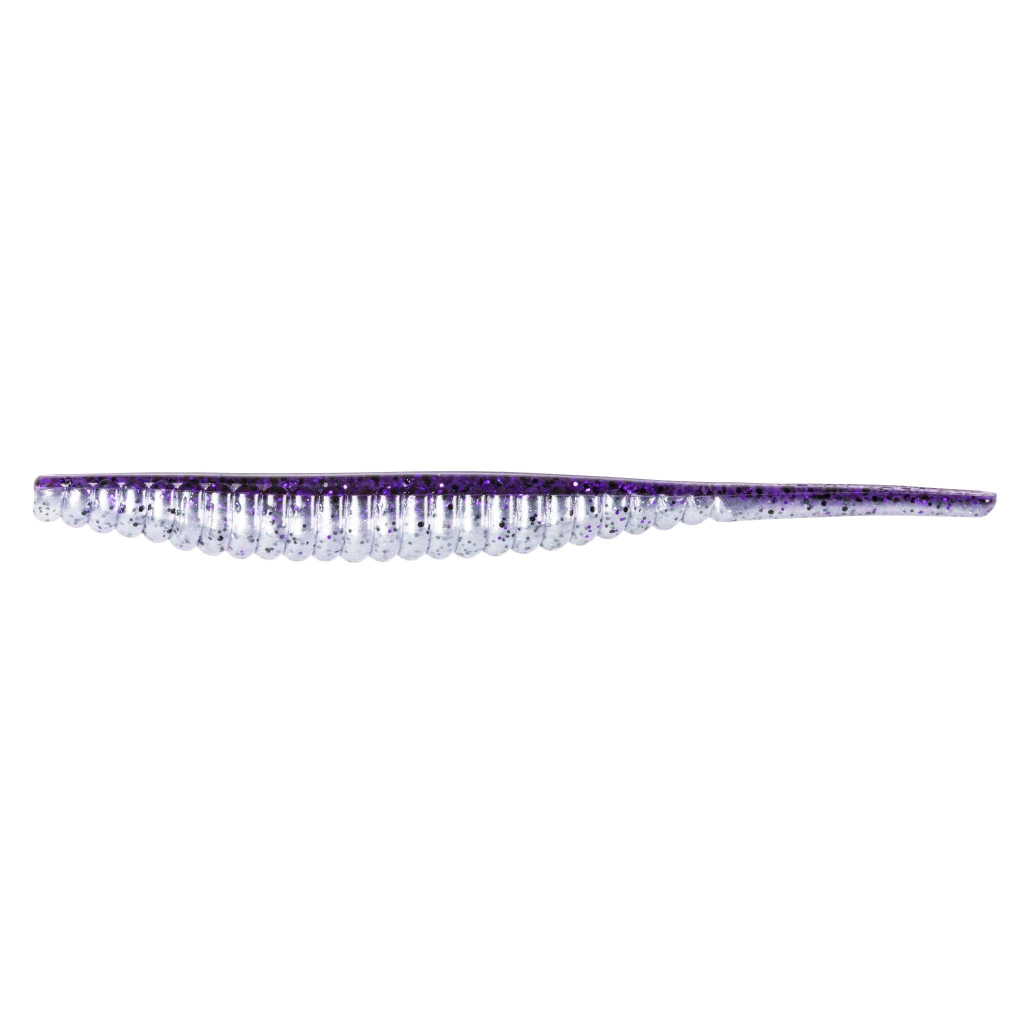 Purple and clear glitter fishing lure with segmented body and light tail