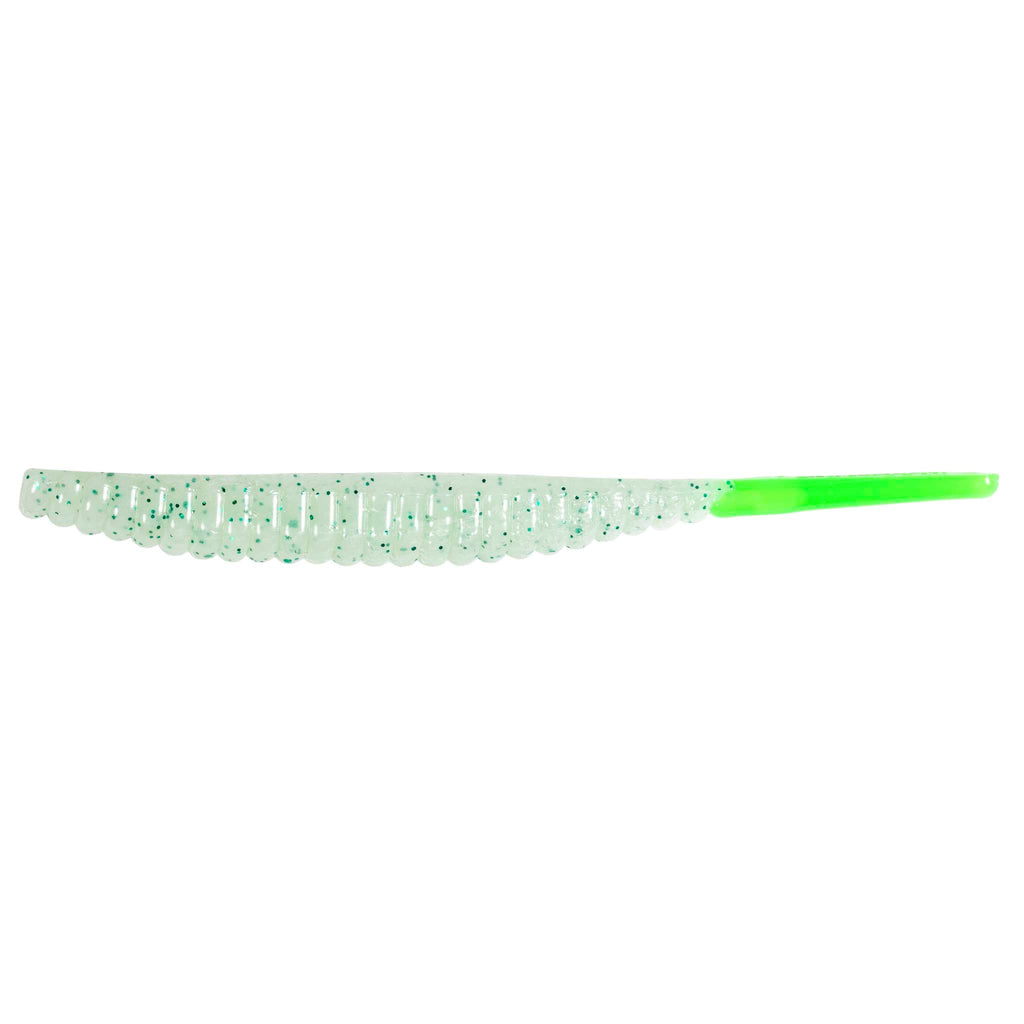 Mint green speckled fishing lure with glittery segmented body and bright lime tail