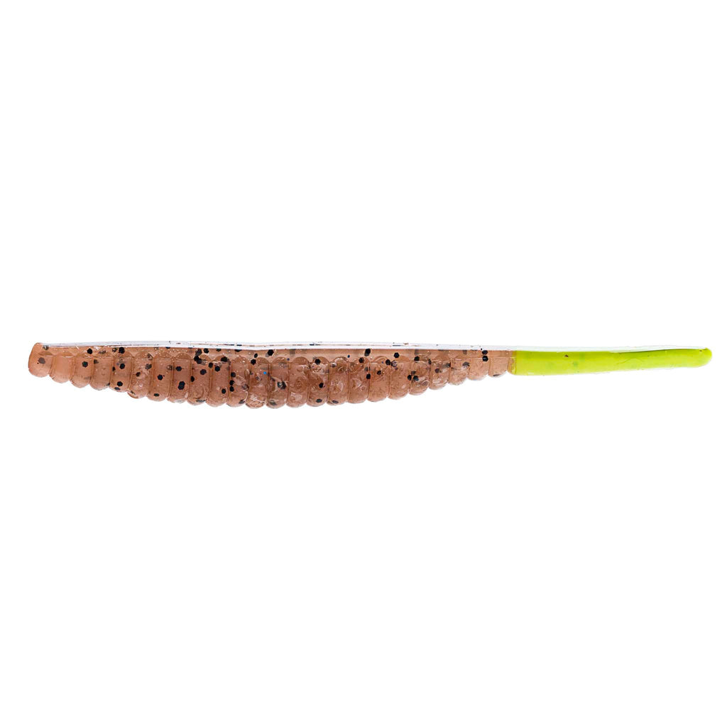 Brown-orange speckled glitter fishing lure with segmented body and lime green tip