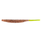 Brown-orange speckled glitter fishing lure with segmented body and lime green tip