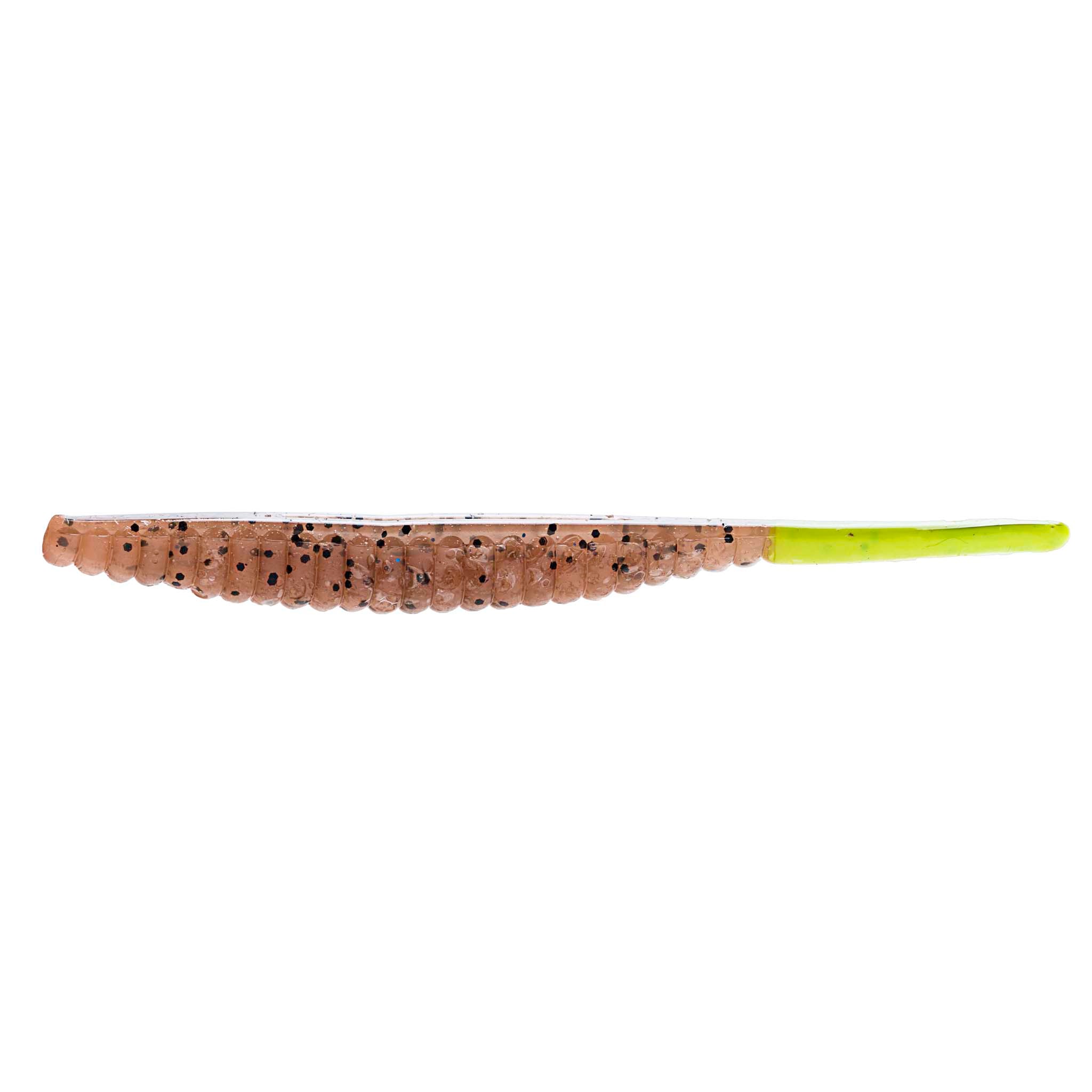 Brown-orange speckled glitter fishing lure with segmented body and lime green tip