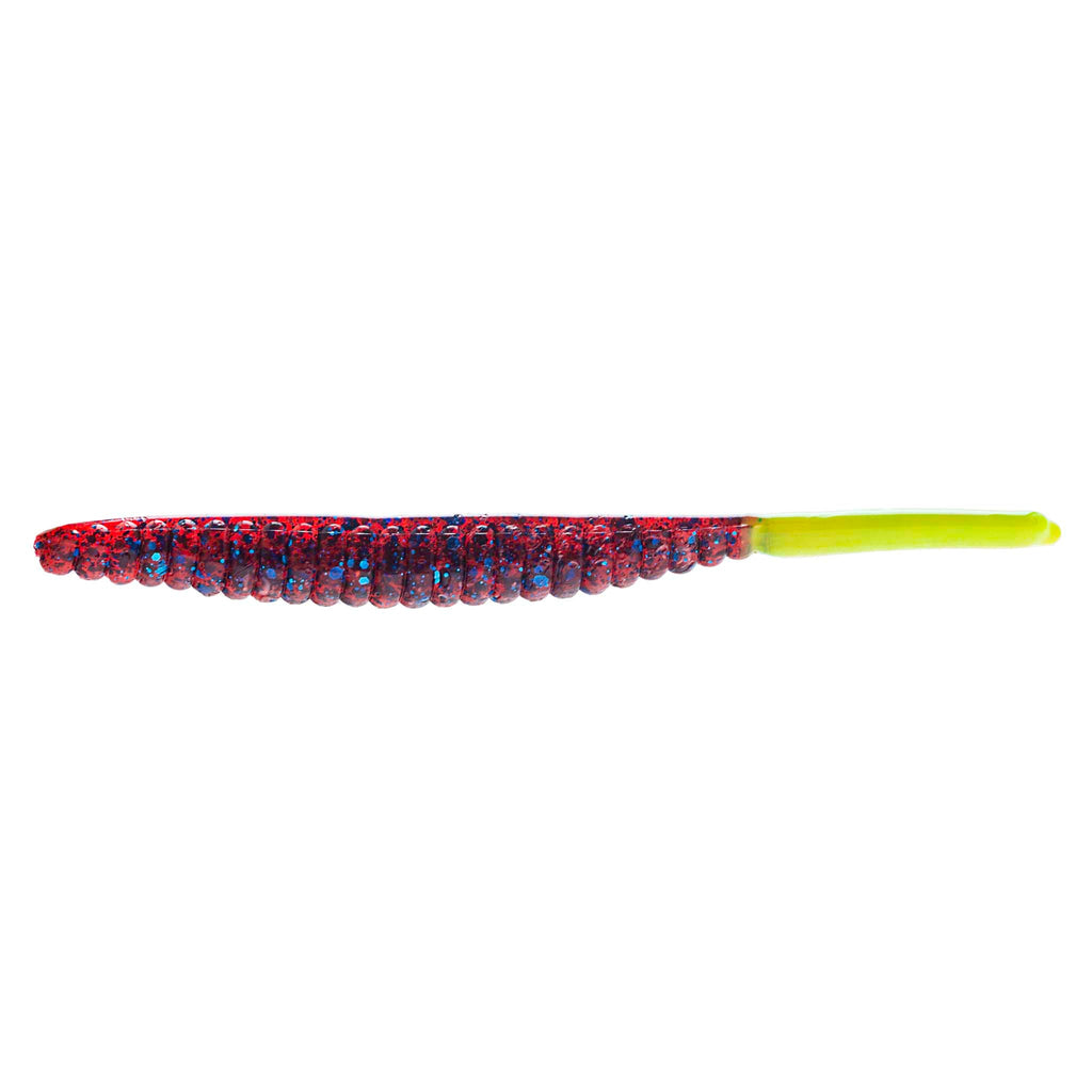 Red and blue glitter fishing lure with speckled segmented body and lime green tail