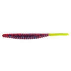 Red and blue glitter fishing lure with speckled segmented body and lime green tail