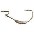 Barbed fishing hook with gold wire and curved shank, dark molded weight