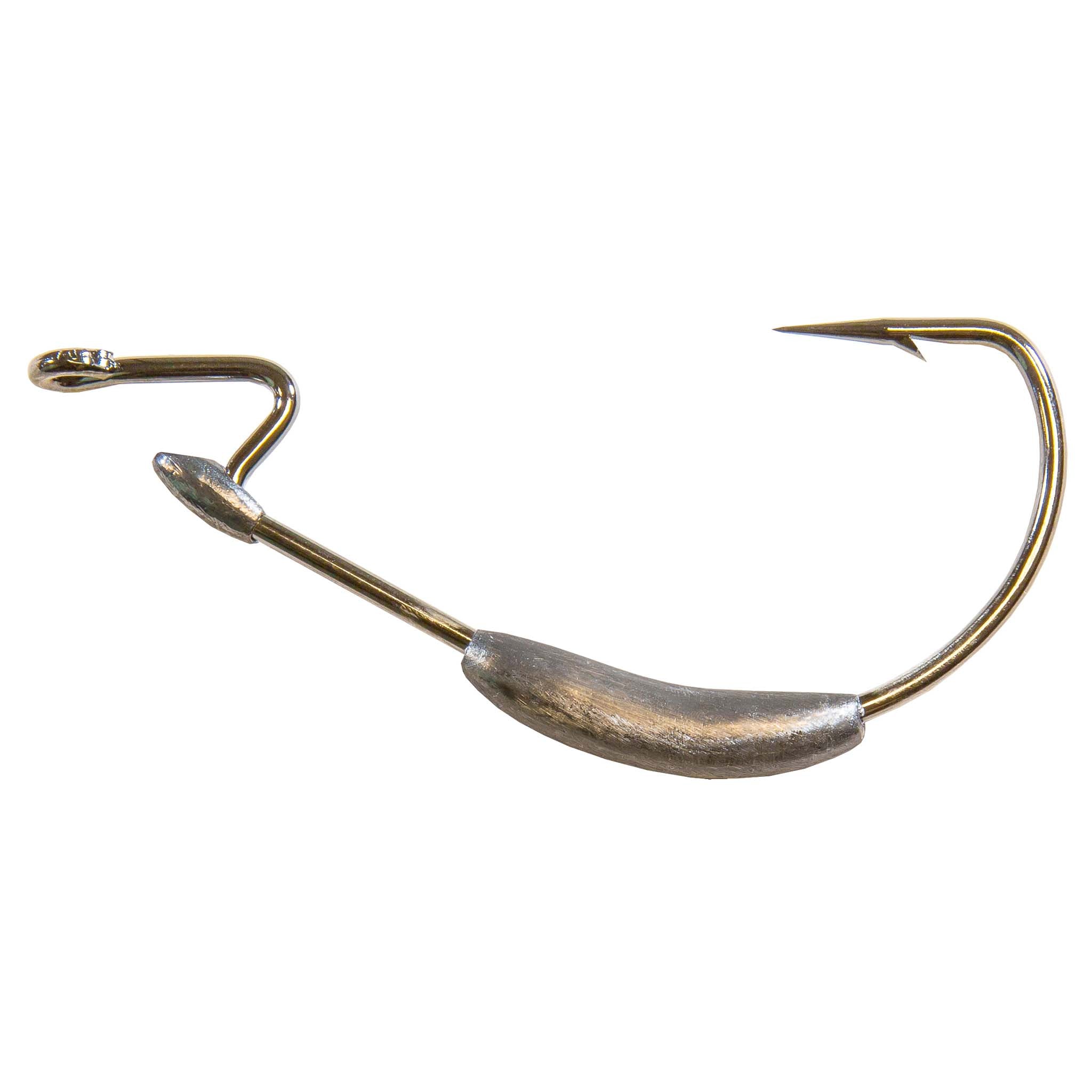 Barbed fishing hook with gold wire and curved shank, dark molded weight