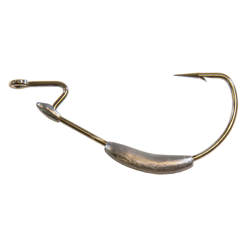 Barbed trolling-style fishing hook with gold finish and dark weighted shank