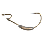 Barbed trolling-style fishing hook with gold finish and dark weighted shank