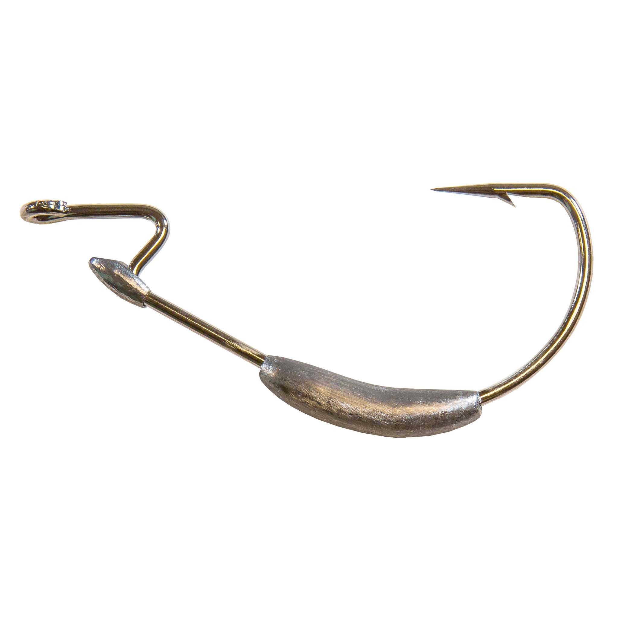 Gold barbed fishing hook with curved shank and dark weight near the bend