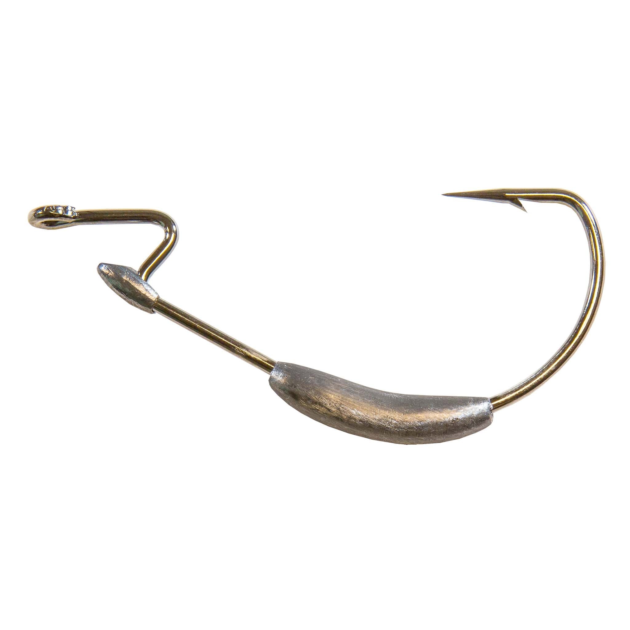 Weighted barbed fishing hook, gold wire with dark coating on the shank