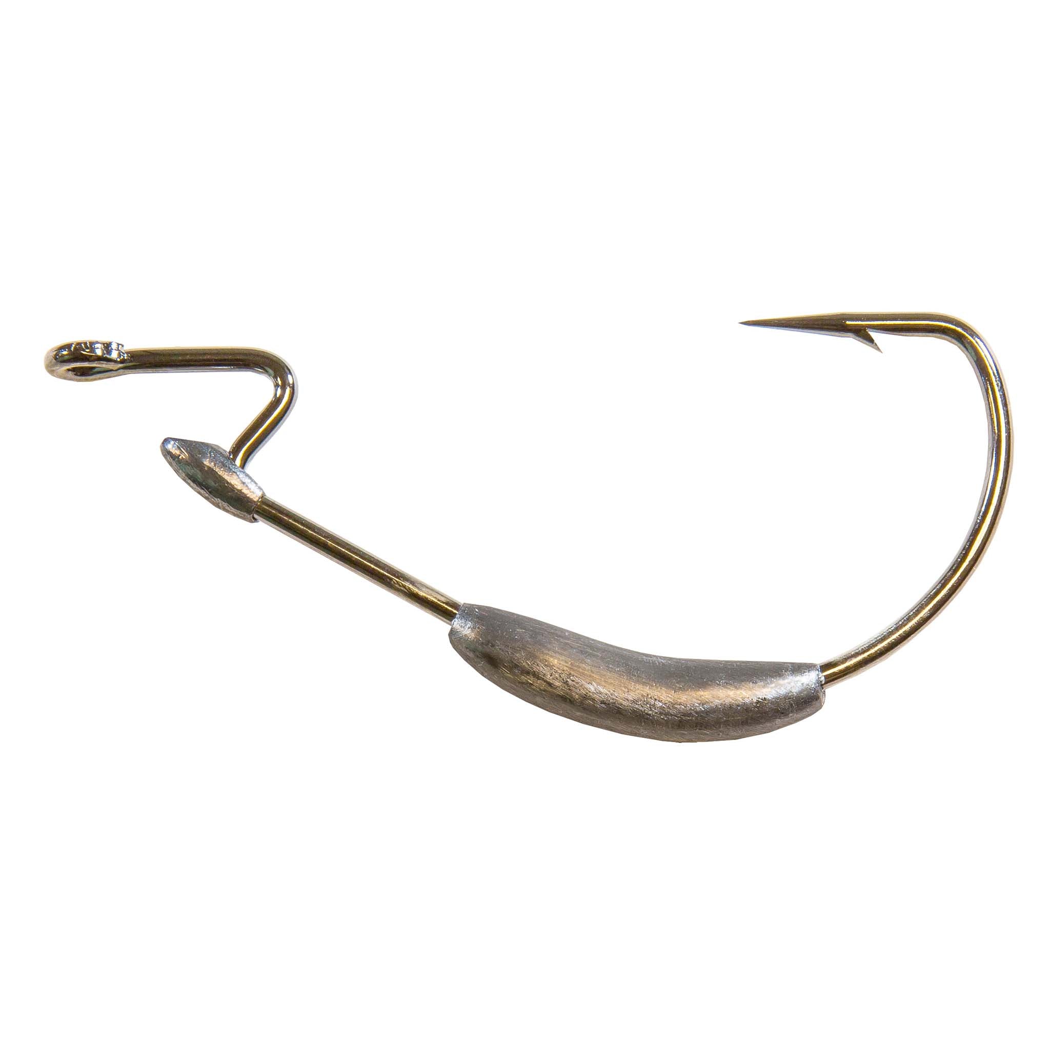 Barbed fishing lure hook with gold wire, dark weight body, and sharp tip