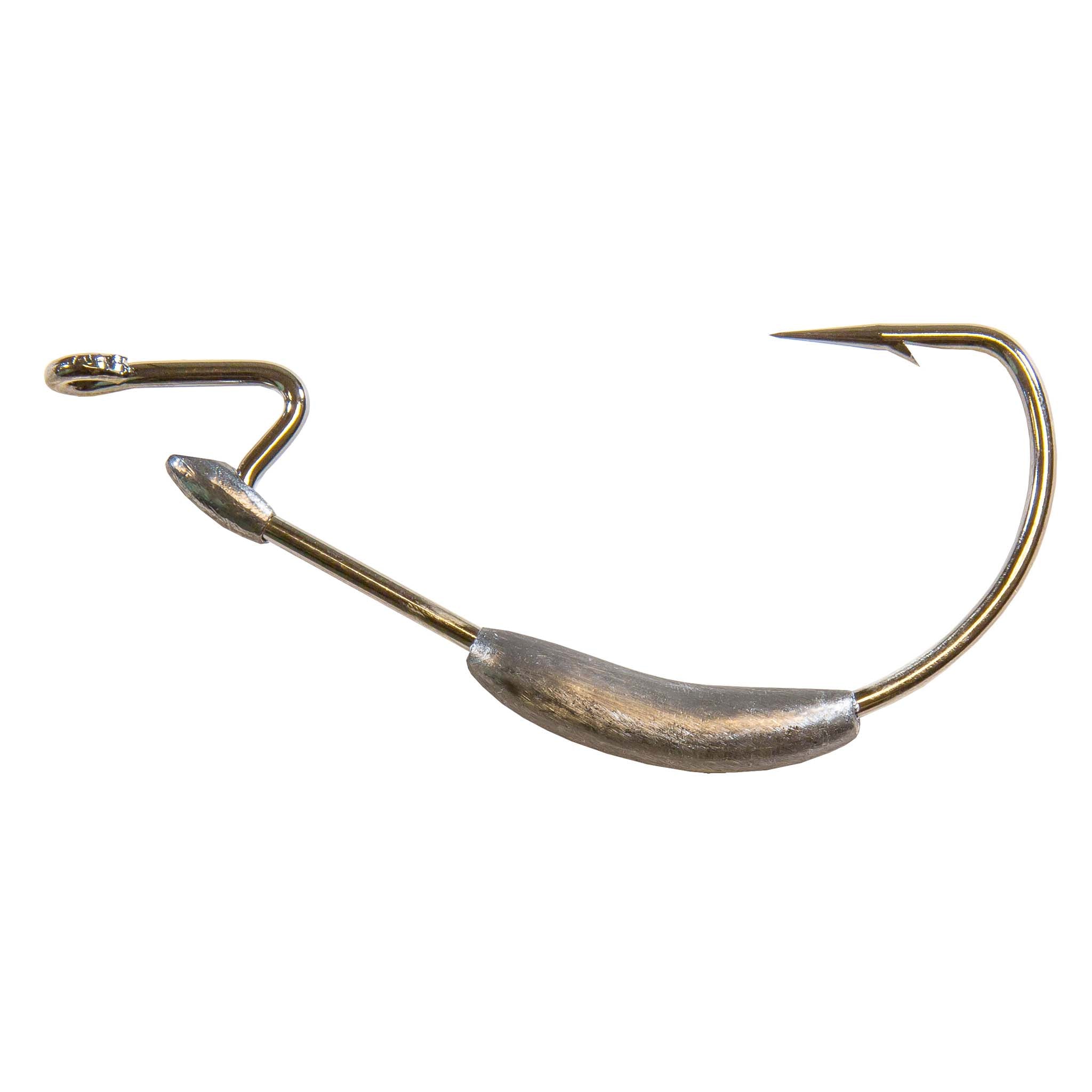 Curved barbed fishing hook with gold wire and dark weighted section on shank