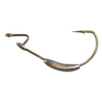 Gold barbed fishing hook with dark molded weight and long curved shank