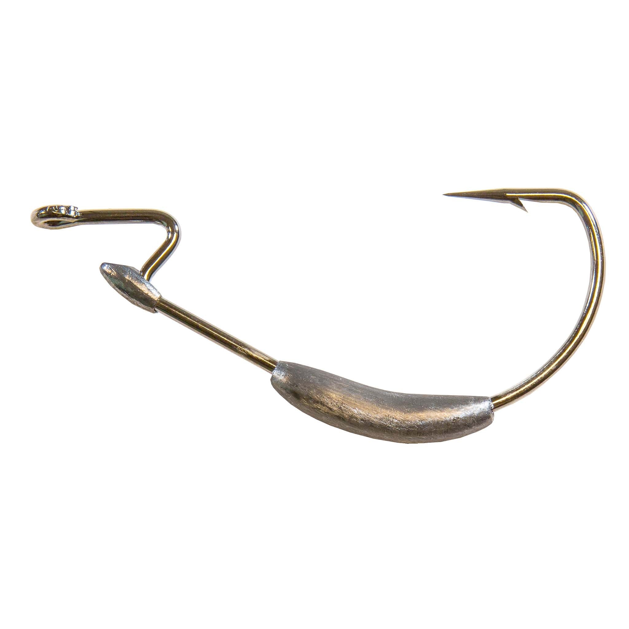 Gold barbed fishing hook with dark molded weight and long curved shank