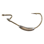 Barbed weighted fishing hook with gold finish and dark coating near hook bend