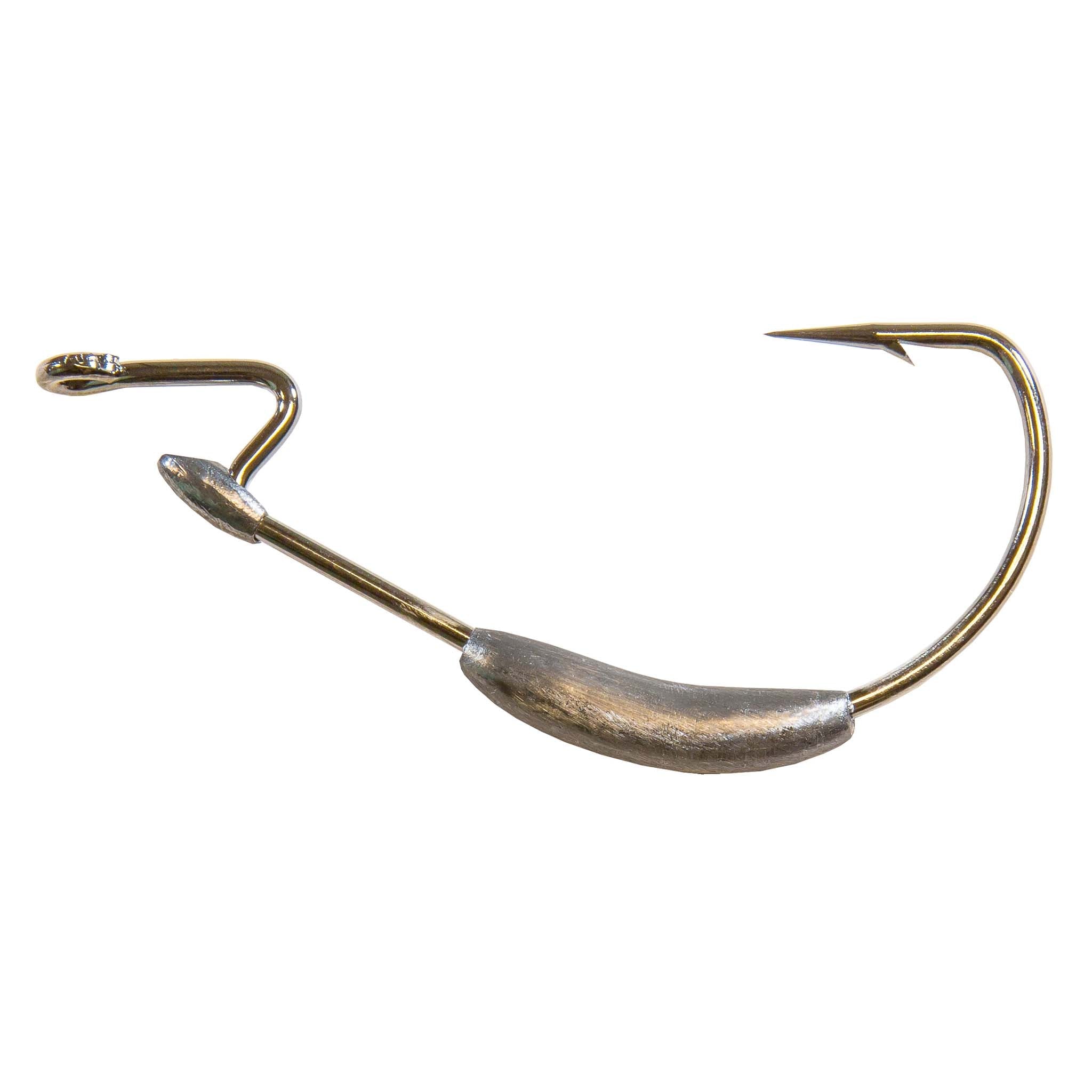 Brass-colored fishing hook with curved shank and barbed point