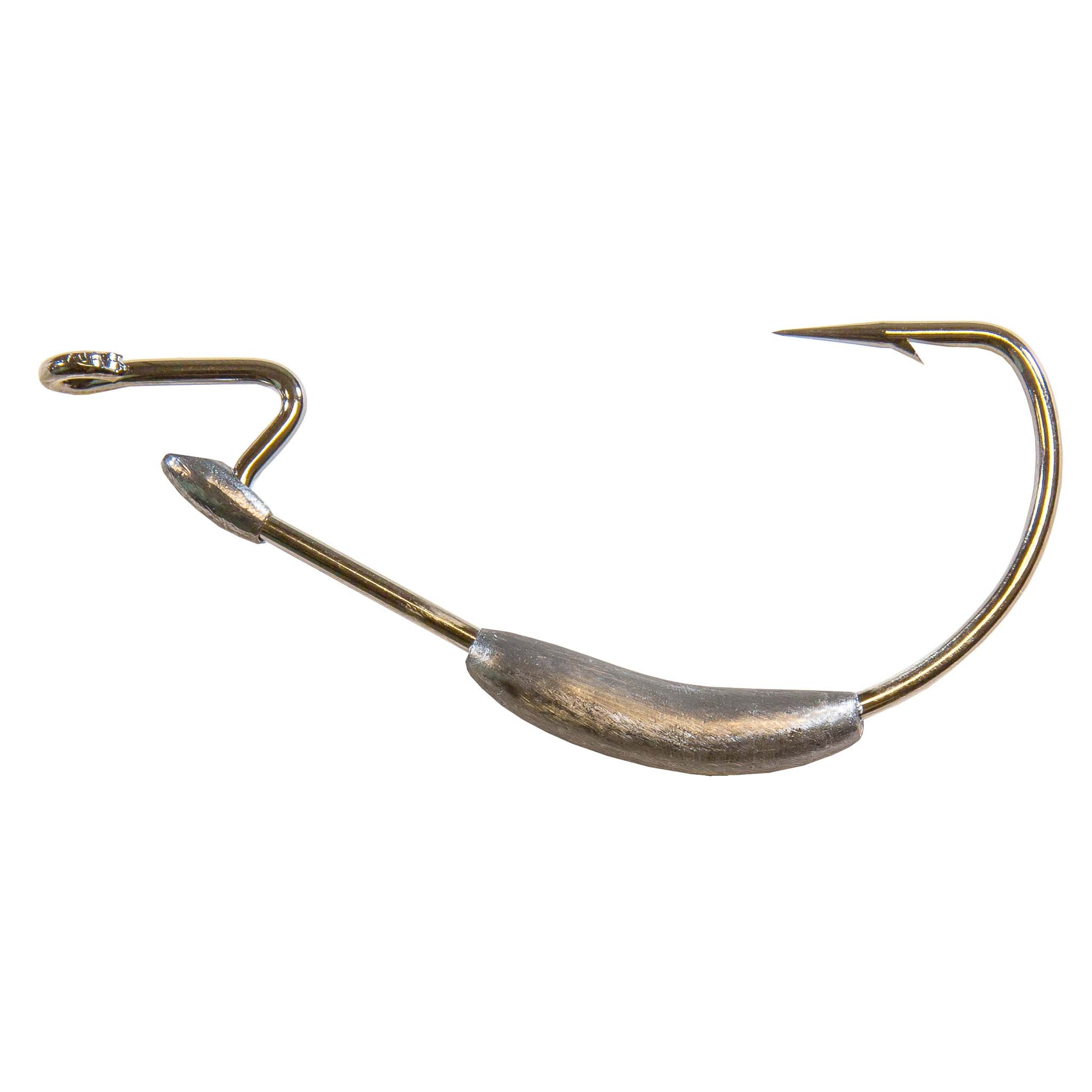 Brass-colored fishing hook with curved shank and barbed point