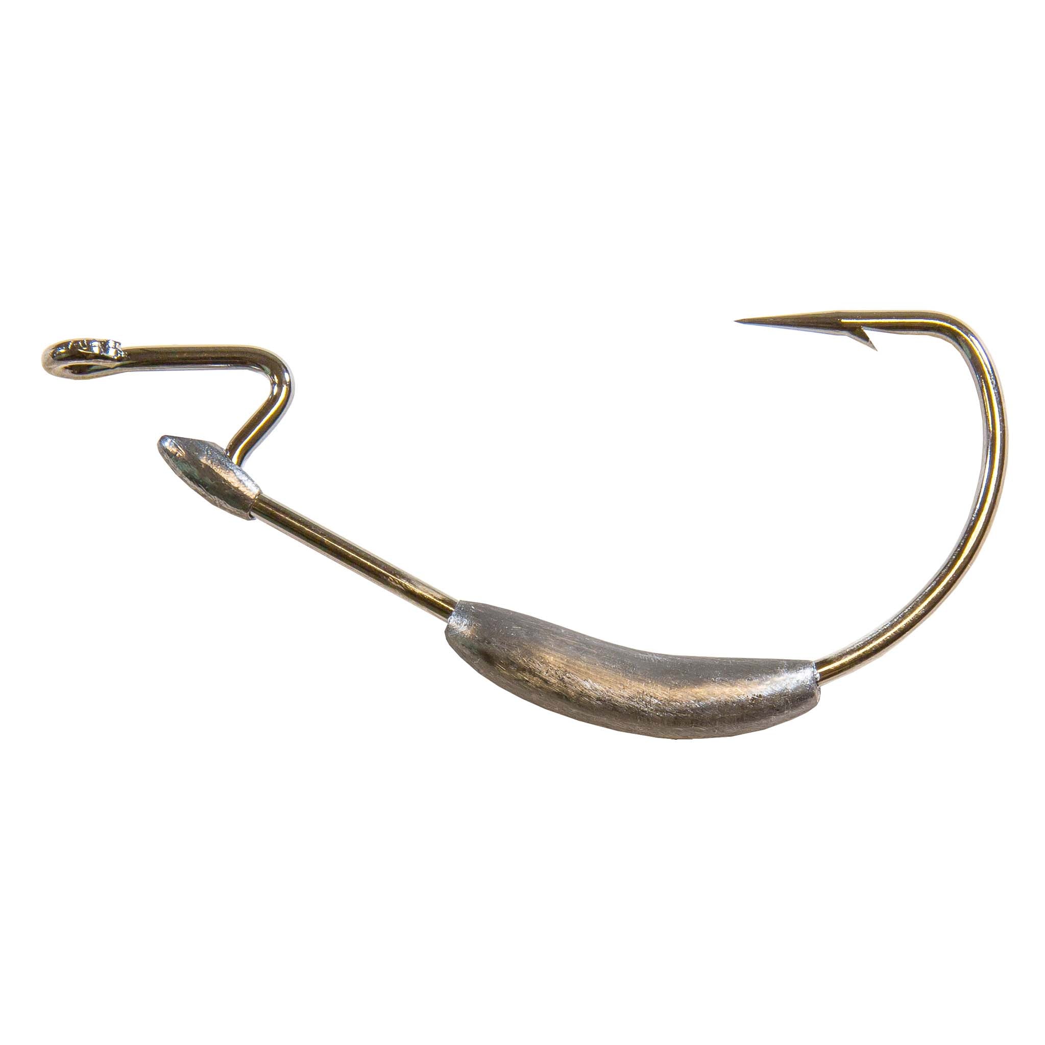 Brass-colored fishing hook with curved shank and barbed point