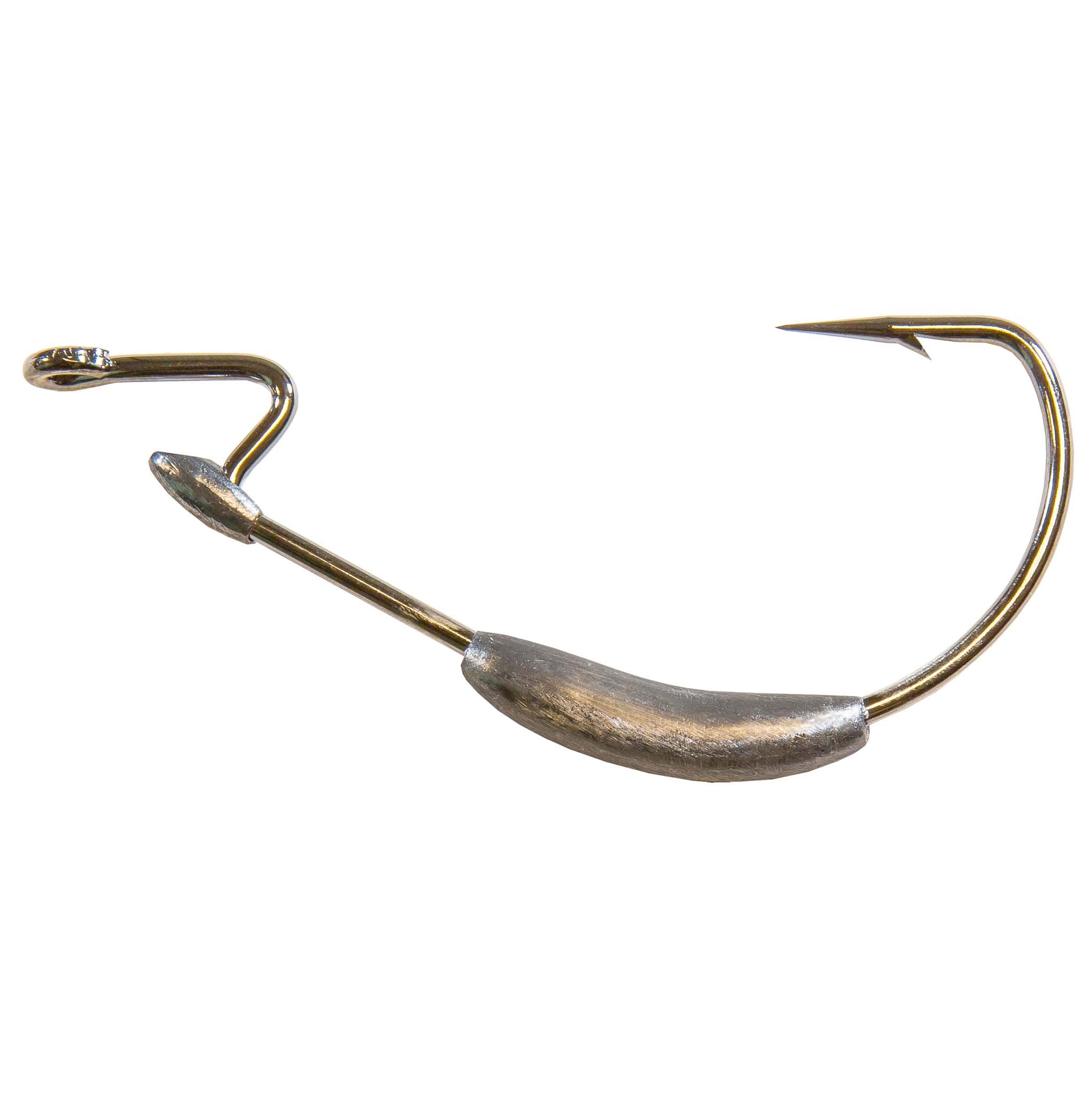 Brass-colored fishing hook with curved shank and barbed point