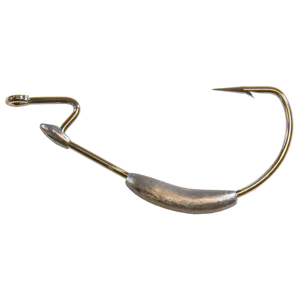 Brass-colored fishing hook with curved shank and barbed point