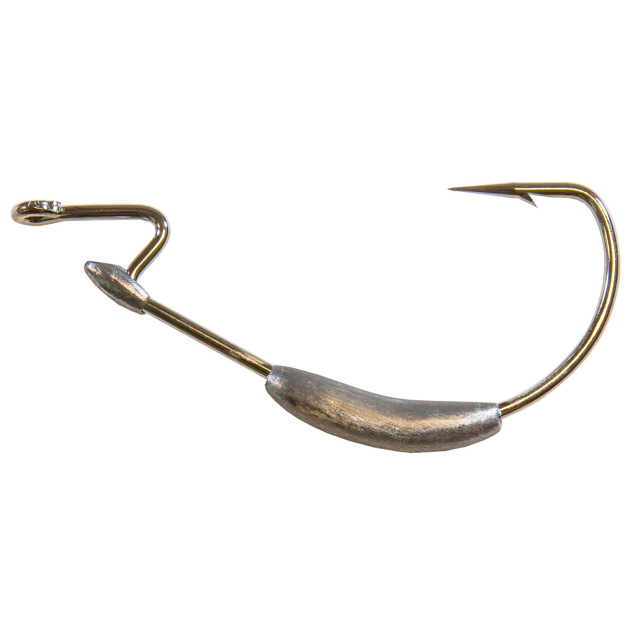 Brass-colored fishing hook with curved shank and barbed point