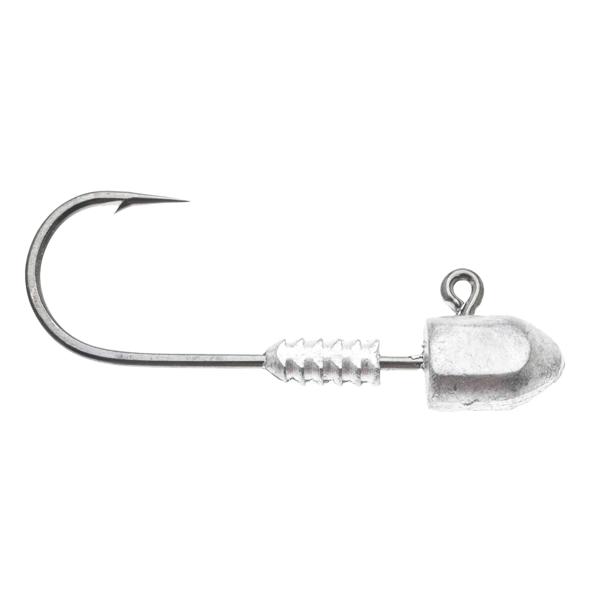 Fishing jig head hook with wire barb and unmarked silver head