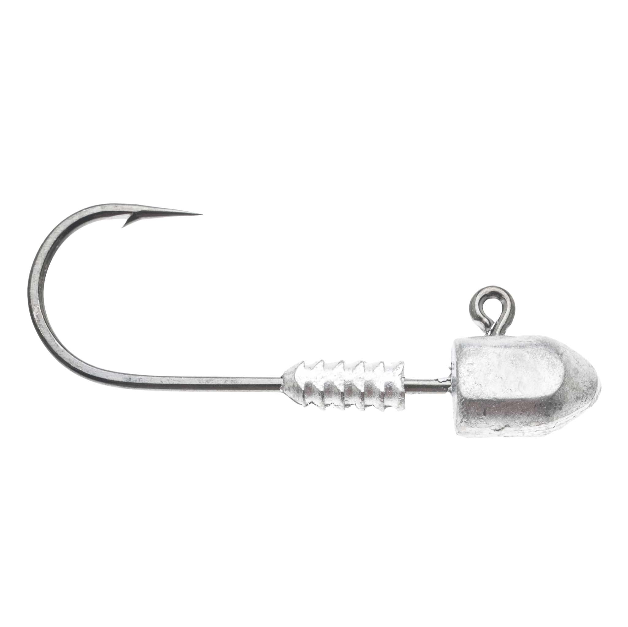 Fishing jig head hook with wire barb and unmarked silver head