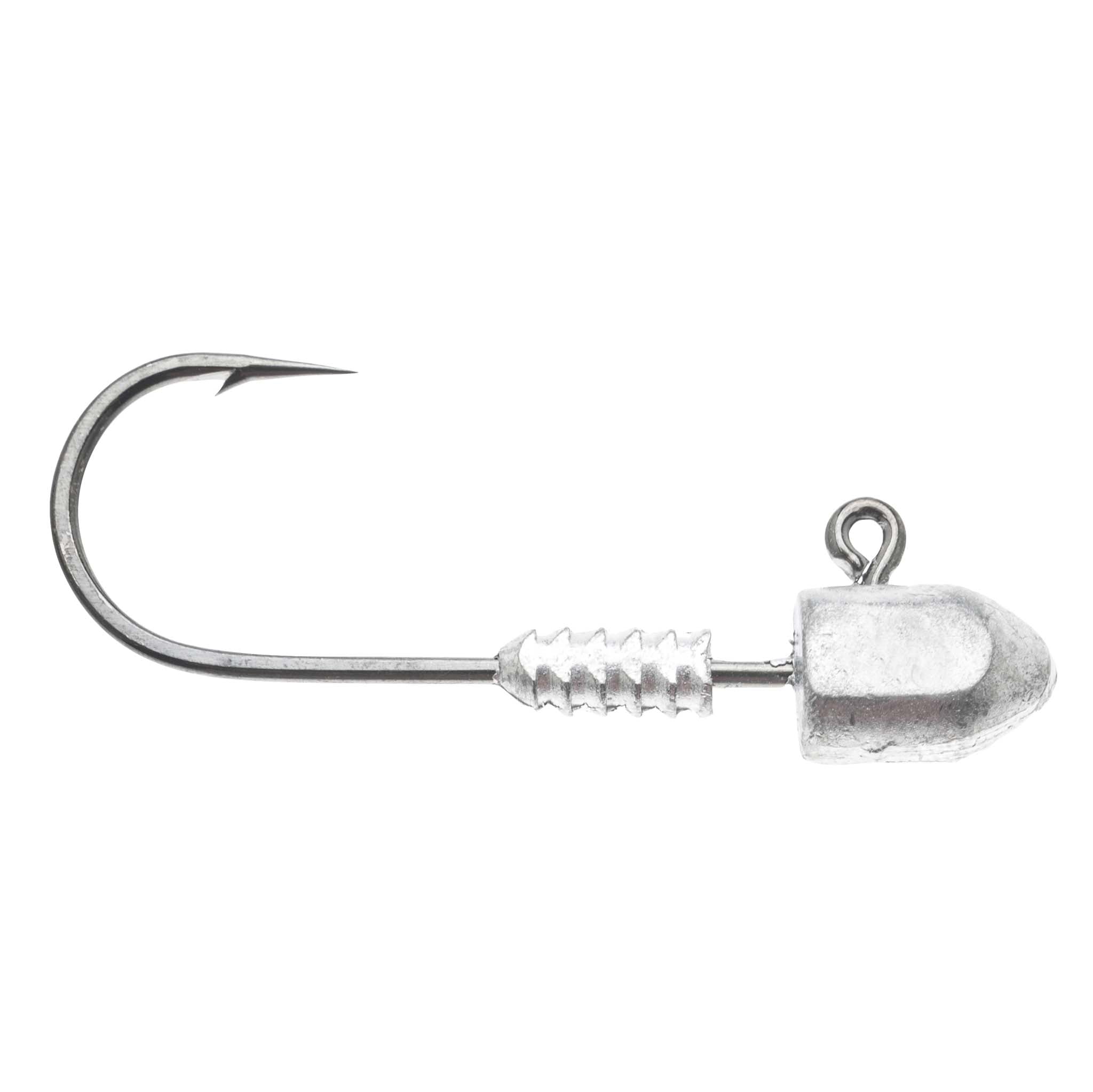 Fishing jig head hook with wire barb and unmarked silver head