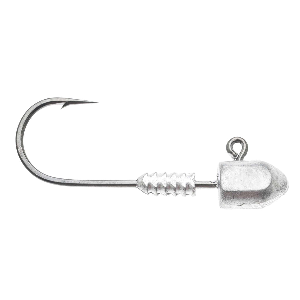Fishing jig head hook with wire barb and unmarked silver head