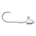 Fishing jig head hook with wire barb and unmarked silver head