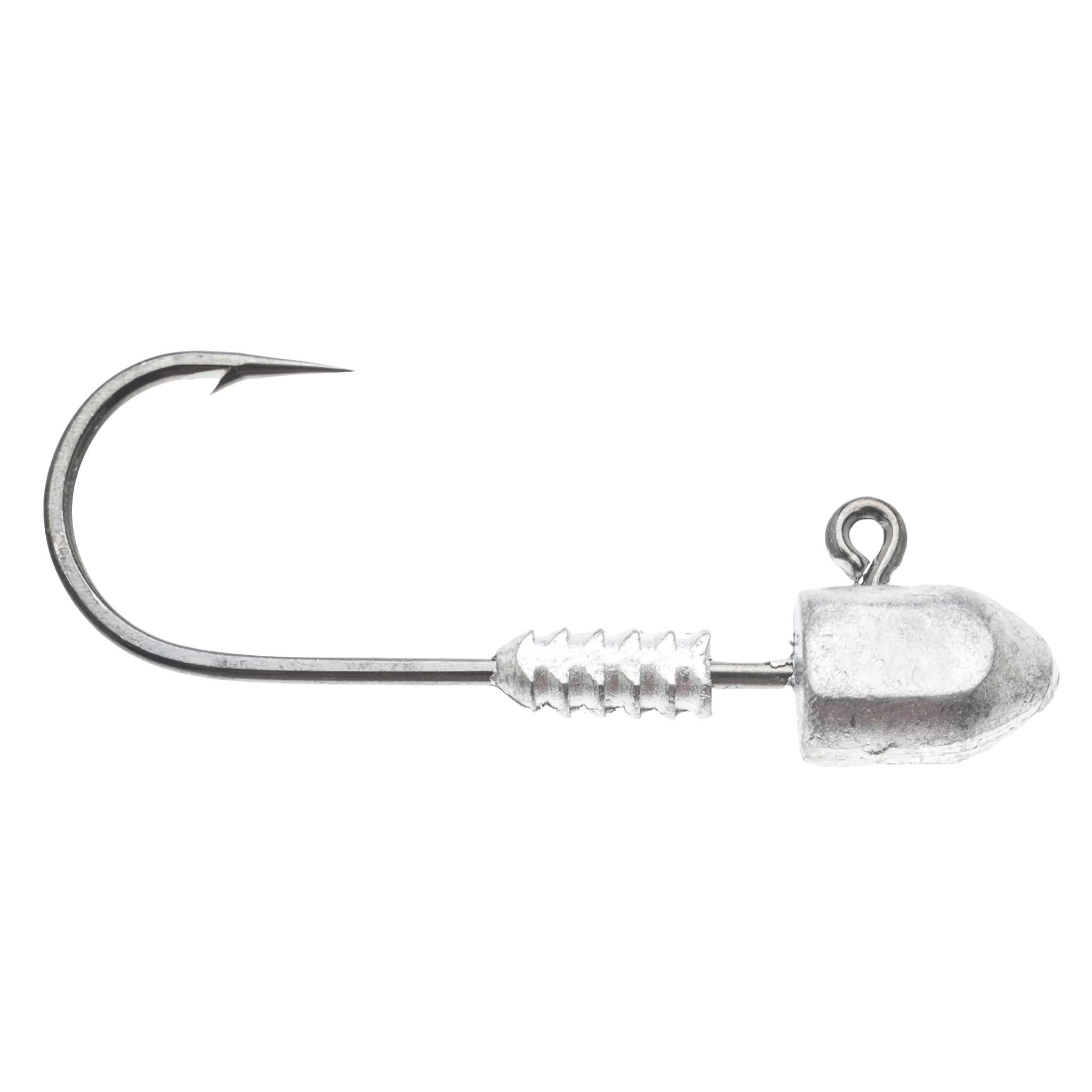 Silver jig head hook with round lead head, ring tie, and barbed shank