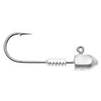 Silver jig head hook with round lead head, ring tie, and barbed shank