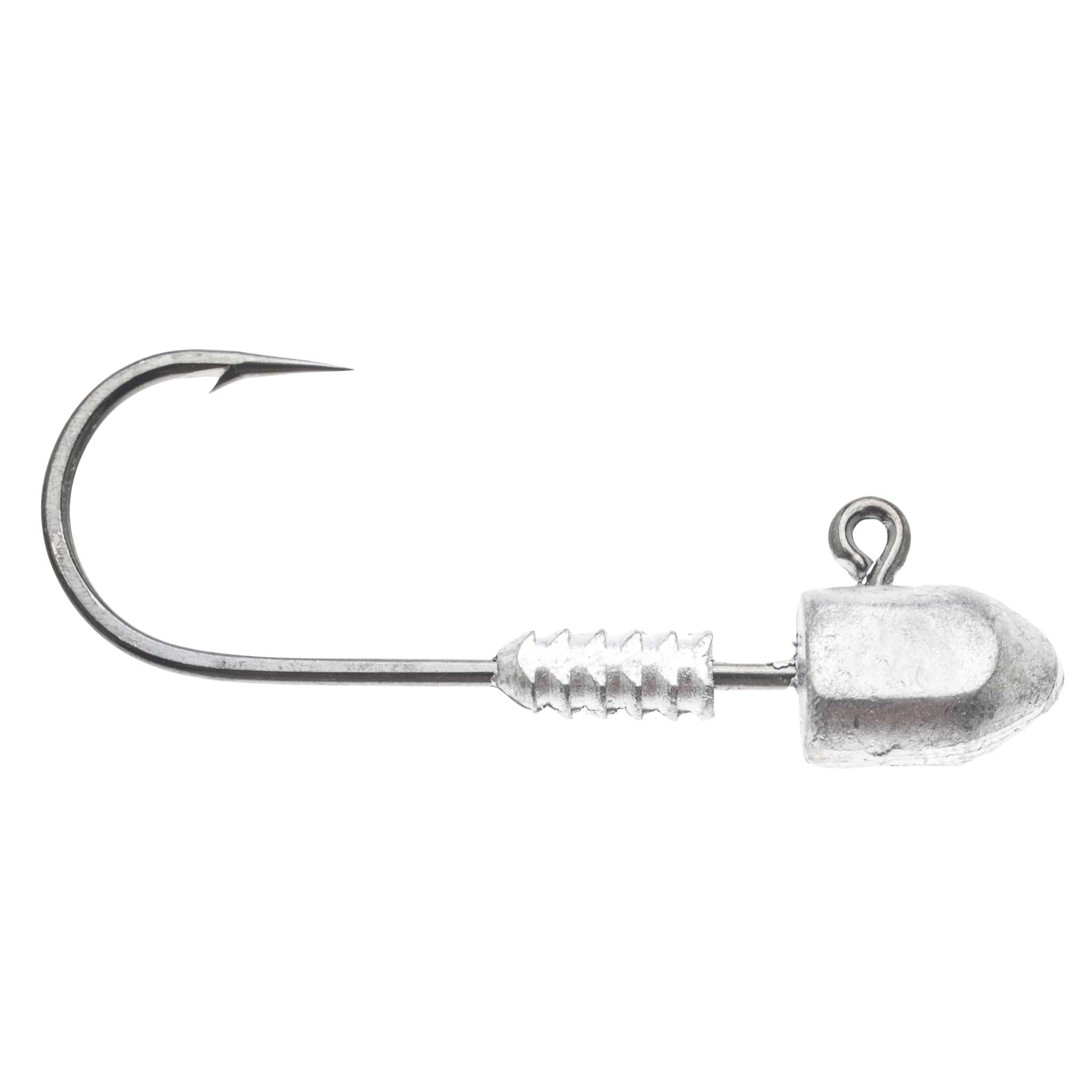 Silver jig head hook with round lead head, ring tie, and barbed shank