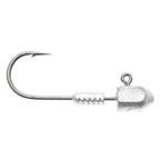 Silver jig head hook with round lead head, ring tie, and barbed shank